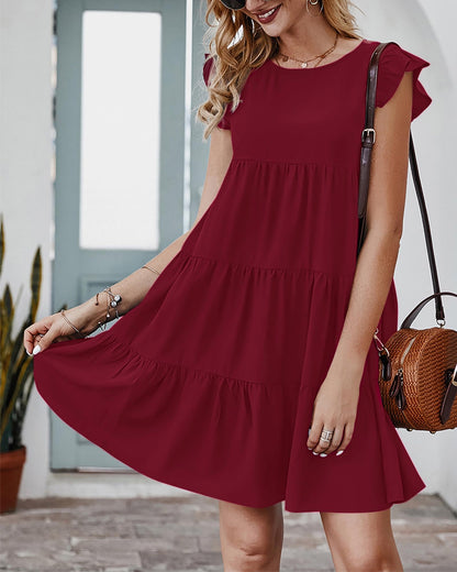 KIRUNDO Wedding Guest Dresses for Women Short Summer Sleeveless Ruffle Sleeve Round Neck Loose Short Flowy Pleated Tiered Mini Dress (Wine Red, X-Large)