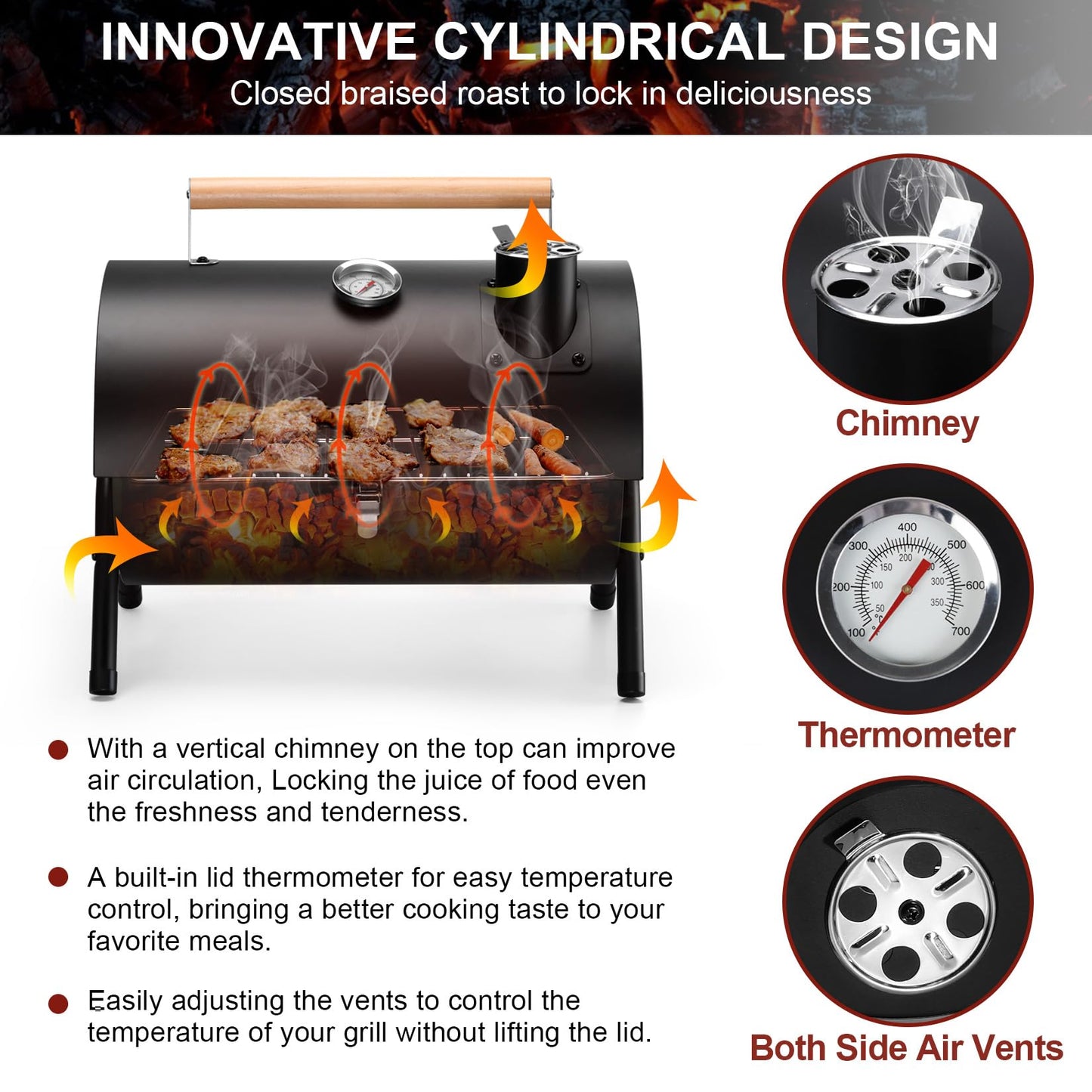 Joyfair Portable Charcoal Grill with Thermometer, Small Tabletop Barbecue Grill for Outdoor Camping Backyard Party BBQ Cooking, Extra Thick Steel & Heavy Duty, Innovative Design & Easy Assembly