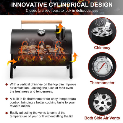 Joyfair Portable Charcoal Grill with Thermometer, Small Tabletop Barbecue Grill for Outdoor Camping Backyard Party BBQ Cooking, Extra Thick Steel & Heavy Duty, Innovative Design & Easy Assembly