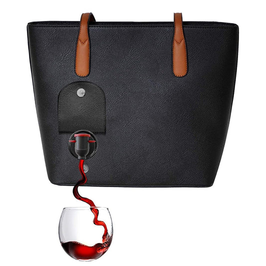 PortoVino Classic Tote Bag - Vegan Leather Wine Purse with Hidden Spout and Dispenser Flask for Wine Lovers that Holds and Pours 2 Bottles! For Traveling, Concerts, Bachelorette Party - Black