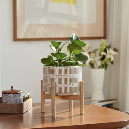 LA JOLIE MUSE Ceramic Plant Pot with Wood Stand - 7.3 Inch Modern Round Decorative Flower Pot Indoor with Wood Planter Holder, Beige and White
