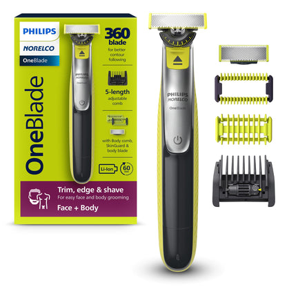 Philips Norelco OneBlade 360 Hybrid Face + Body, Electric Beard Trimmer, Shaver and Body Groomer, with 360 Blade Technology, 1x 360 Blade for Face, 5in1 Adjustable Comb, 1x Body Kit, Model QP2834/70
