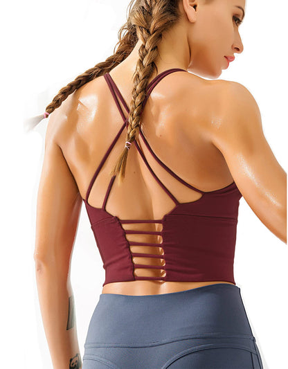 Redqenting Longline Sports Bra for Women with Removable Padded,Sexy Criss Cross Back Strappy Yoga Bras Workout Tank Tops Red