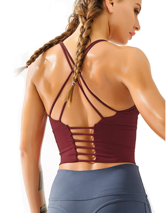 Redqenting Longline Sports Bra for Women with Removable Padded,Sexy Criss Cross Back Strappy Yoga Bras Workout Tank Tops Red