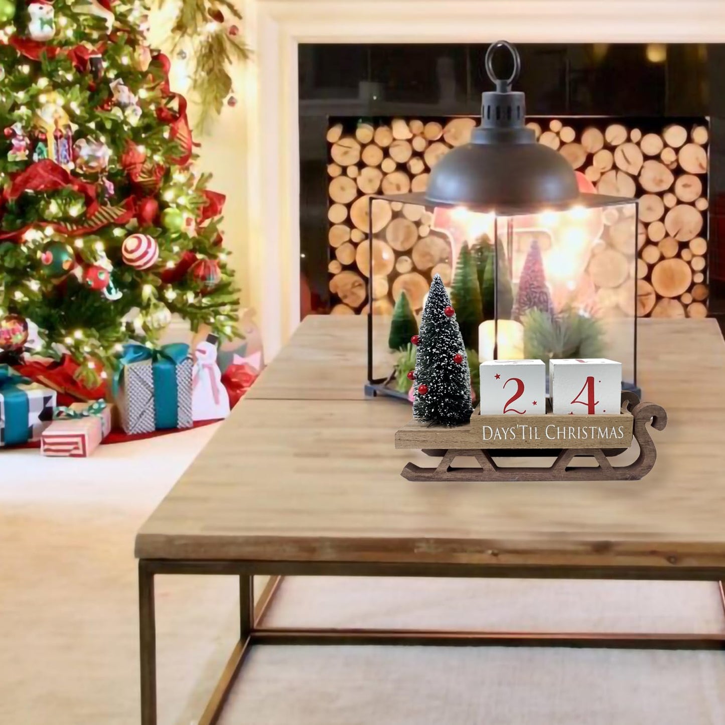 HOMirable Christmas Countdown Blocks Santa Sleigh Advent Calendar 99 Days Christmas Tree Decorations Wooden Farmhouse Rustic Sign Xmas Party Holiday Décor for Home Living Room, Mantel, Tiered Tray