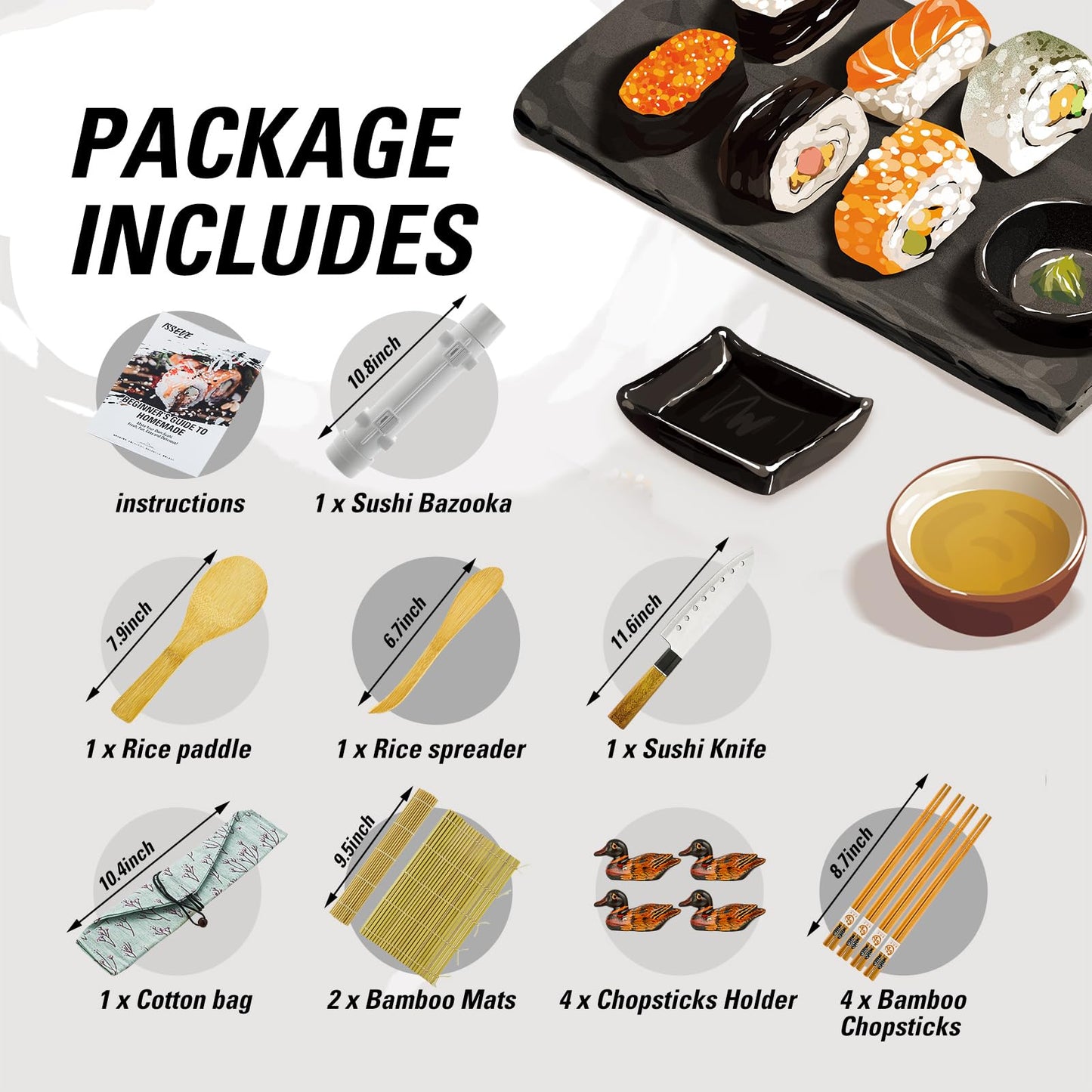 ISSEVE Sushi Making Kit Sushi Bazooka Maker with Bamboo Mats and Chopsticks, Paddle, Spreader, Sushi Knife, DIY Sushi Roller Machine