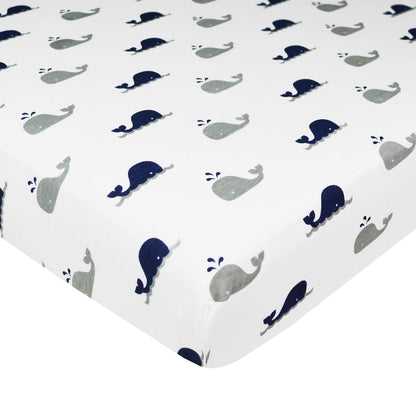 American Baby Company 100% Natural Cotton Fitted Pack and Play Sheet 39" x 27" - Soft & Breathable Pack N Play Sheet for Playpen, Playard & Mini Crib Mattress, Navy Whale, for Boys & Girls
