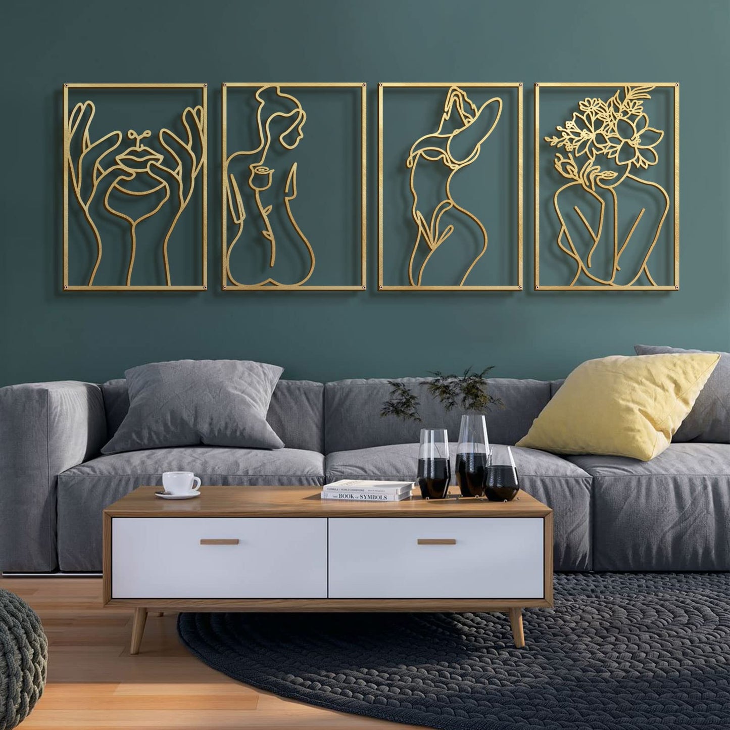 Glamativity 4 Pack Gold Wall Art Décor, Minimalist Single Line Real Metal Wall Art, Woman's Body Shape Abstract Wall Art (Gold Classic Style, 17 x 11.8'')