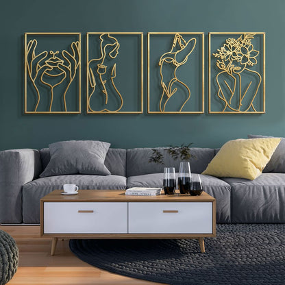 Glamativity 4 Pack Gold Wall Art Décor, Minimalist Single Line Real Metal Wall Art, Woman's Body Shape Abstract Wall Art (Gold Classic Style, 17 x 11.8'')