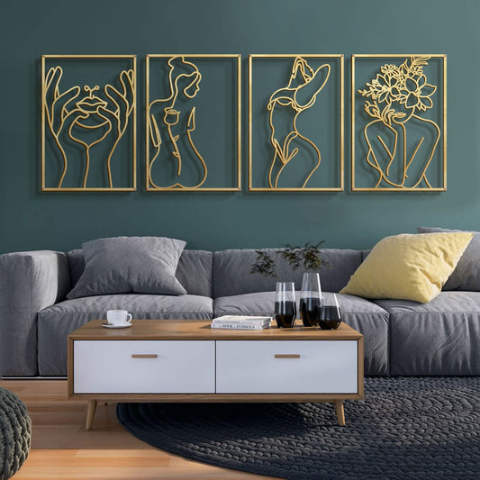Glamativity 4 Pack Gold Wall Art Décor, Minimalist Single Line Real Metal Wall Art, Woman's Body Shape Abstract Wall Art (Gold Classic Style, 17 x 11.8'')