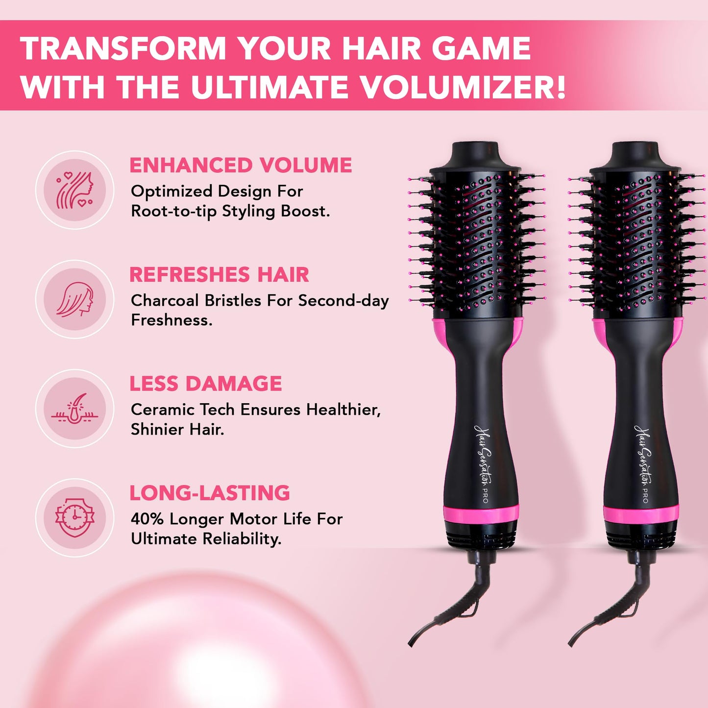 Hair Sensation Pro Blow Dryer Brush, 4 in 1 Styling Tools with ION Generator and Ceramic Coating for Fast Drying Hair Types, Pink