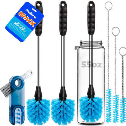 Holikme 6 Pack Brush Set, 14" Long Handle Stainless Steel Cleaner, 3 Straw Brushes, 3-in-1 Cleaning Brush for Water and Baby Bottles, Straws - Blue