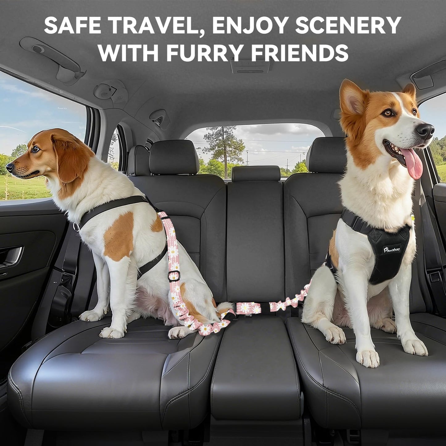 Pawaboo 2Pack Dog Seatbelt for Car, 3-in-1 Dog Car Seat Belt Bungee, Dogs Tether for Cars with Buckle & Hook Latch, Adjustable Reflective Dogs Cars Harness Leash with 360° Lockable Buckle, Light Pink