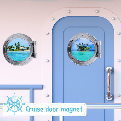 2 Pcs Cruise Door Decorations Magnetic Porthole Cruise Door Magnets 10 Inch Set Palm Tree Dolphin Turtle The Sea Nature Scenery Fridge Decor for Carnival Car(Beach Style)