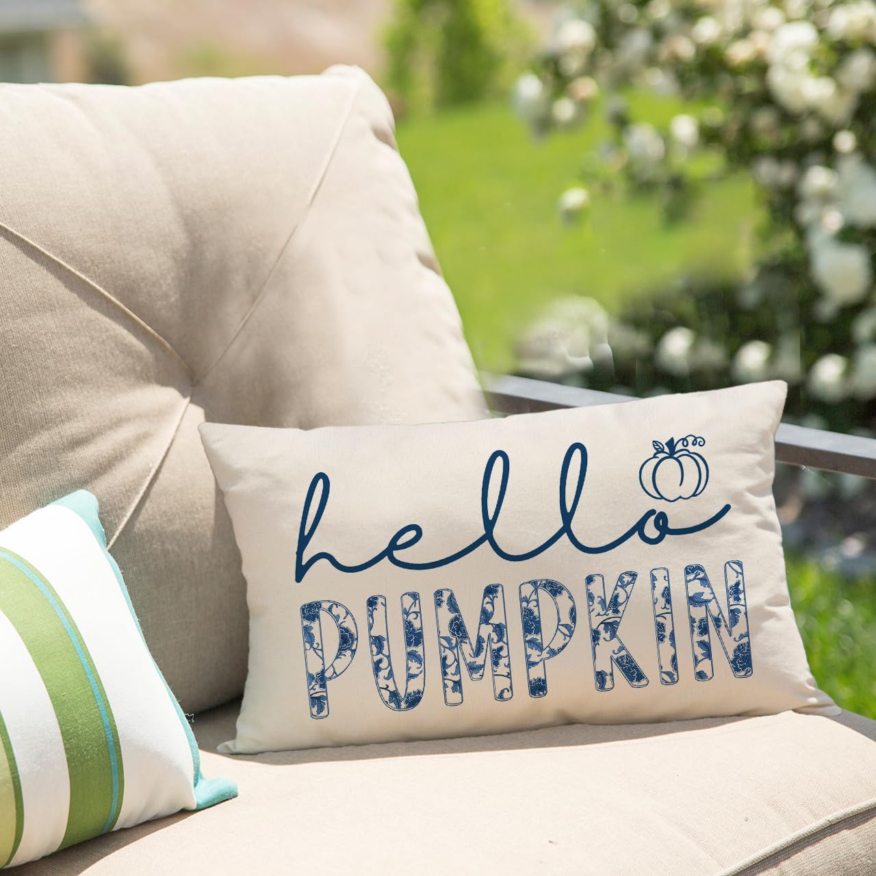 GTEXT Fall Pillow Cover 12x20 inch Blue Chinoiserie Hello Pumpkin Throw Pillow Cover Autumn Decor Thanksgiving Outdoor Seasonal Decorative Pillowcase Recotangle Farmhouse Decor for Sofa Bed Couch