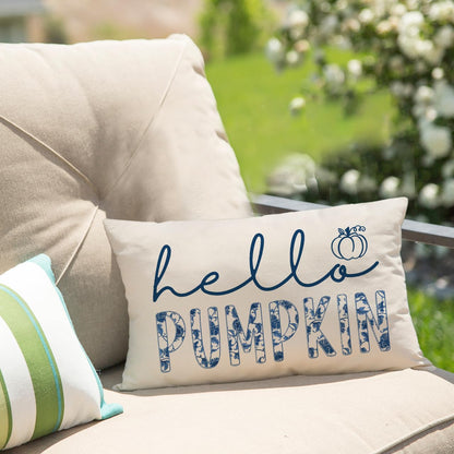 GTEXT Fall Pillow Cover 12x20 inch Blue Chinoiserie Hello Pumpkin Throw Pillow Cover Autumn Decor Thanksgiving Outdoor Seasonal Decorative Pillowcase Recotangle Farmhouse Decor for Sofa Bed Couch