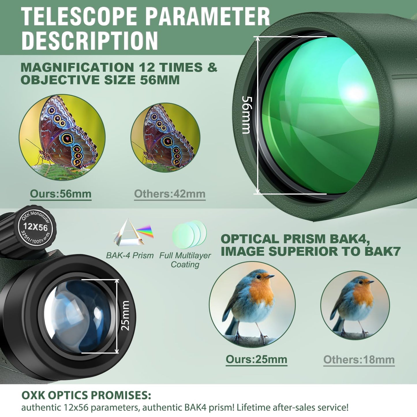 OXK Optics 12x56 High Power Monocular Telescope | Comes with Smartphone Adapter Tripod Travel Bag | Bird Watching Hunting Hiking Camping Gift - Green