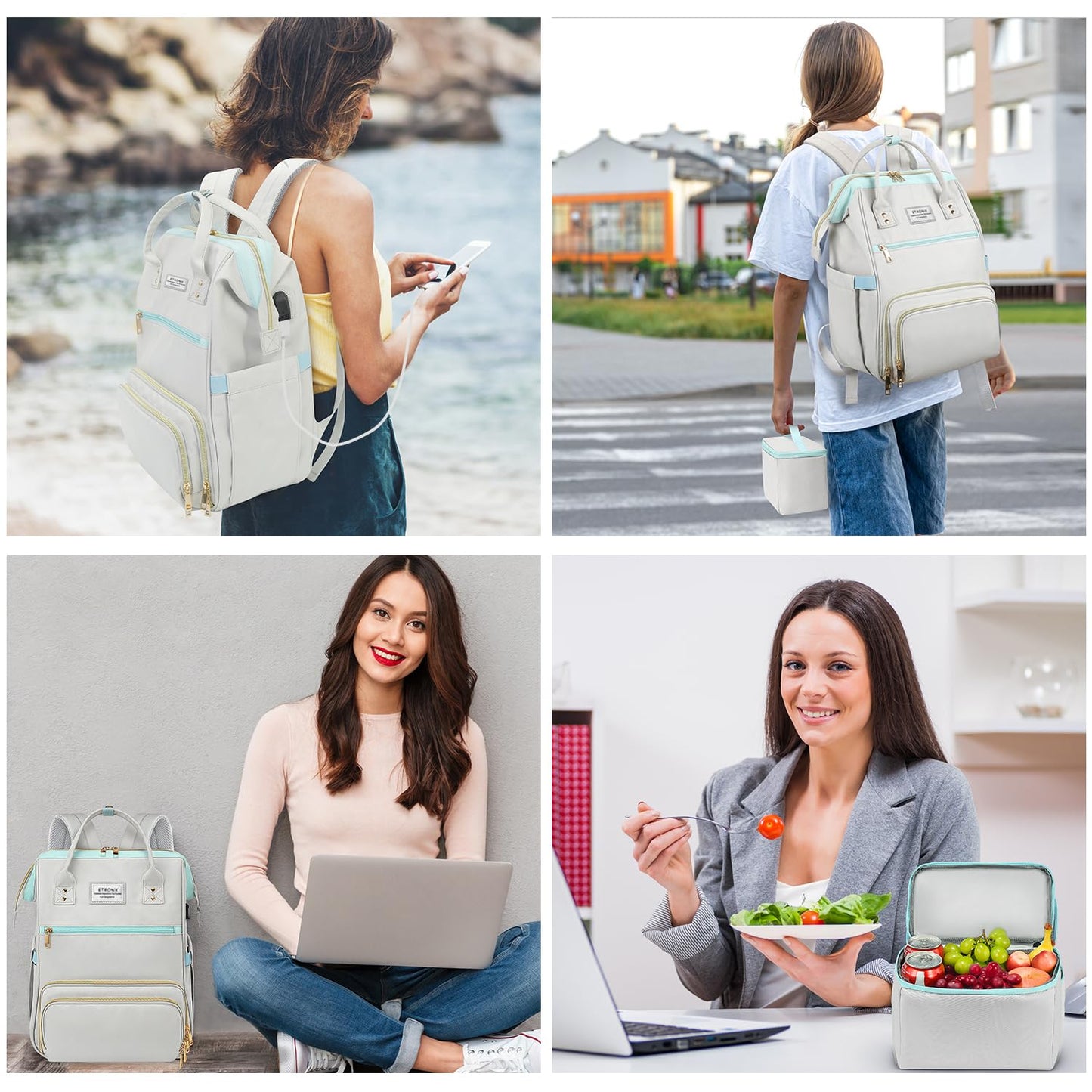 ETRONIK Lunch Backpack, 15.6 Inch Laptop Backpack with USB Port, Stylish Nurse, Teacher Work School Bag with Insulated Cooler Lunch Box for Women Men, College Backpack for Travel, Grey Blue