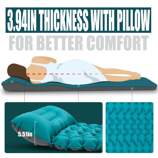 AKSOUL Camping Sleeping Pad with Pillow: Extra Thick 3.9 inch Ultralight Self Inflating Air Mat, Compact Lightweight Insulated Inflatable Sleep Mattress for Backpacking, Camp, Hiking, Tent