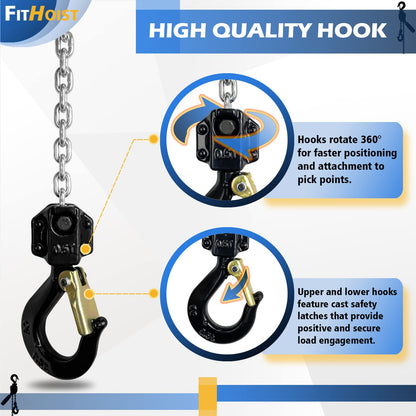 FITHOIST Mini Chain Hoist 1/2 Ton 1100Lbs Capacity 10Ft Lift Manual Lever Chain Hoist Alloy Steel G80 Chain 2 Heavy Duty Hooks, for Garages Warehouse Automotive Machinery