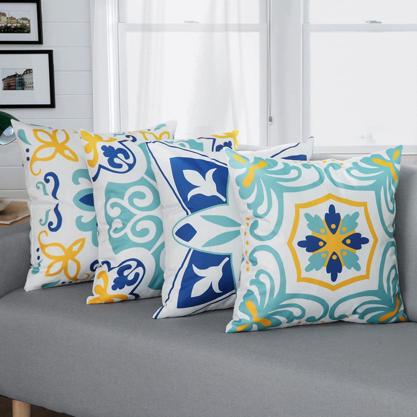 Outdoor Waterproof Throw Pillow Covers Set of 4 Floral Printed and Boho Farmhouse Outdoor Pillow Covers for Patio Funiture Garden 20x20 Inch Blue