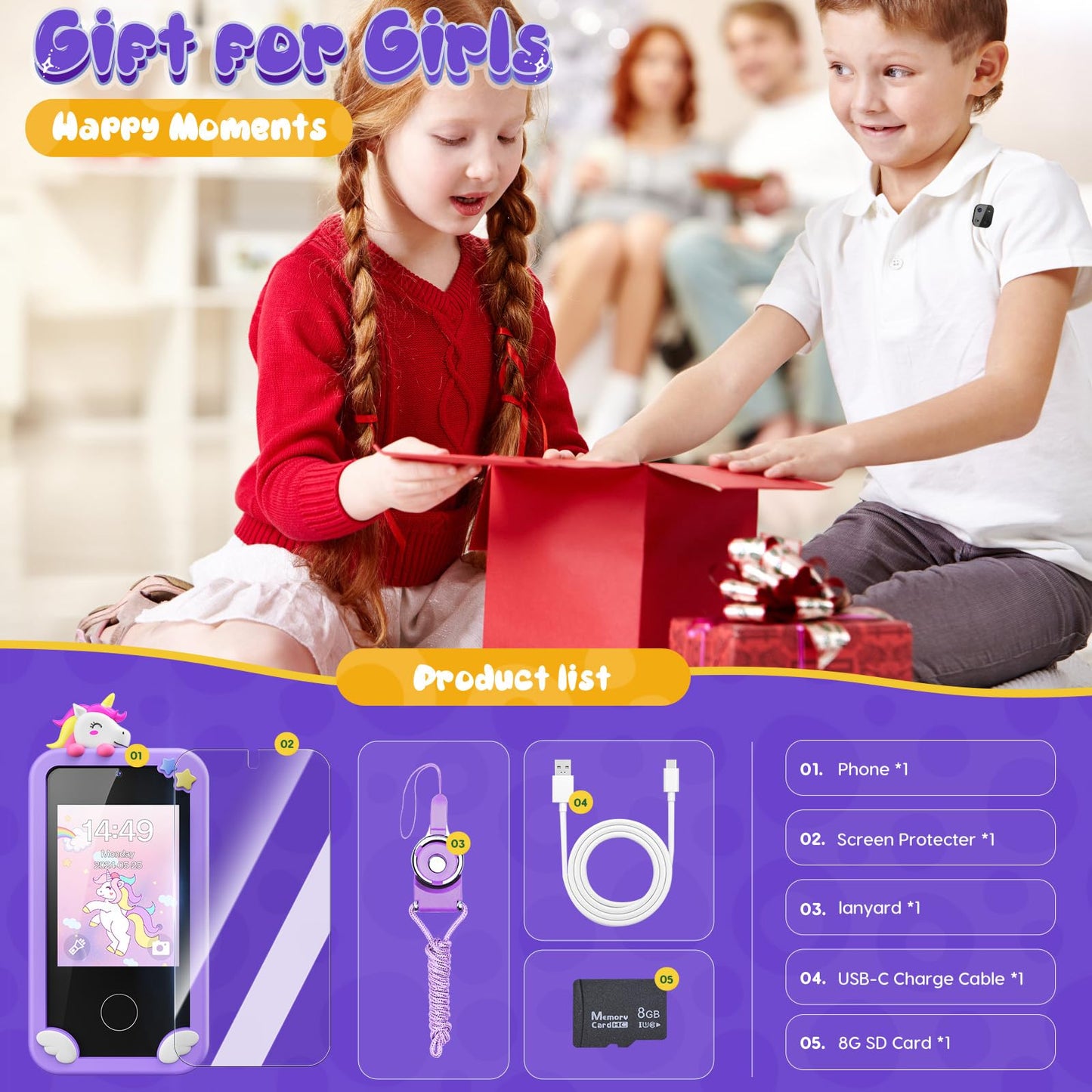 Luyiilo Kids Smart Phone Toys for Girls,Unicorn Gift Toys for Girls Ages 3-9 Christmas Birthday Gifts Mini Smart Phone Toys With 2.8" Touchscreen 16 Learning Games Dual Camera Music Player, 8G SD Card