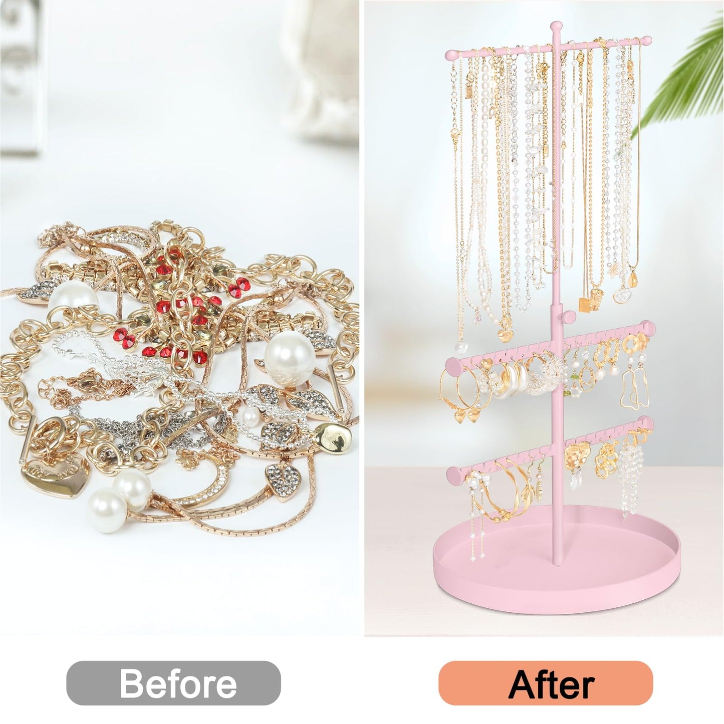 Jenseits Jewelry Holder Organizer Stand, 3 Tier Necklace Organizer Earring Holder Tree, Adjustable Height Jewelry Display Towers, Long Necklaces Bracelets Jewelry Storage Rack Gift For Women, Girls