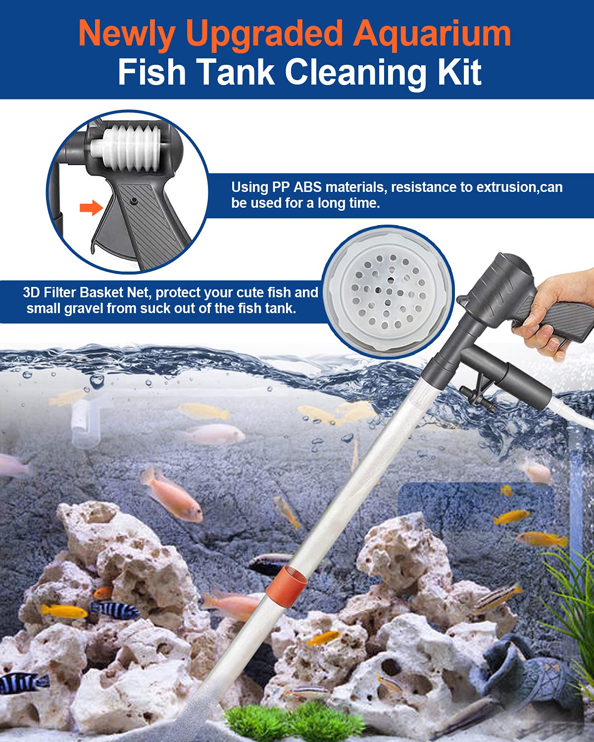 QZQ Aquarium Gravel Cleaner [2025 Edition] Vacuum Fish Tank Vacuum Cleaner Tools for Aquarium Water Changer with Aquarium Thermometers Fish Net kit Use for Fish Tank Cleaning Gravel and Sand