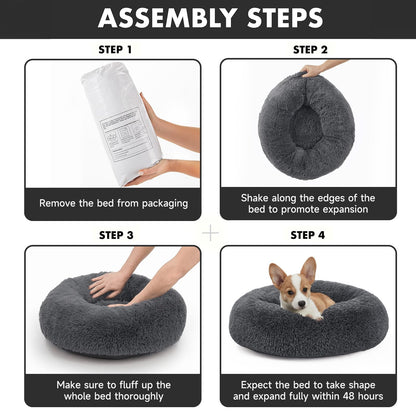 OhGeni Calming Donut Dog Bed Pillow for Small Medium Pets, Machine Washable Removable Cover, Comfort Plush Fluffy Faux Fur with Anti-Slip Bottom, Cats-Friendly Round Cuddly Design, Gray, 23 inches