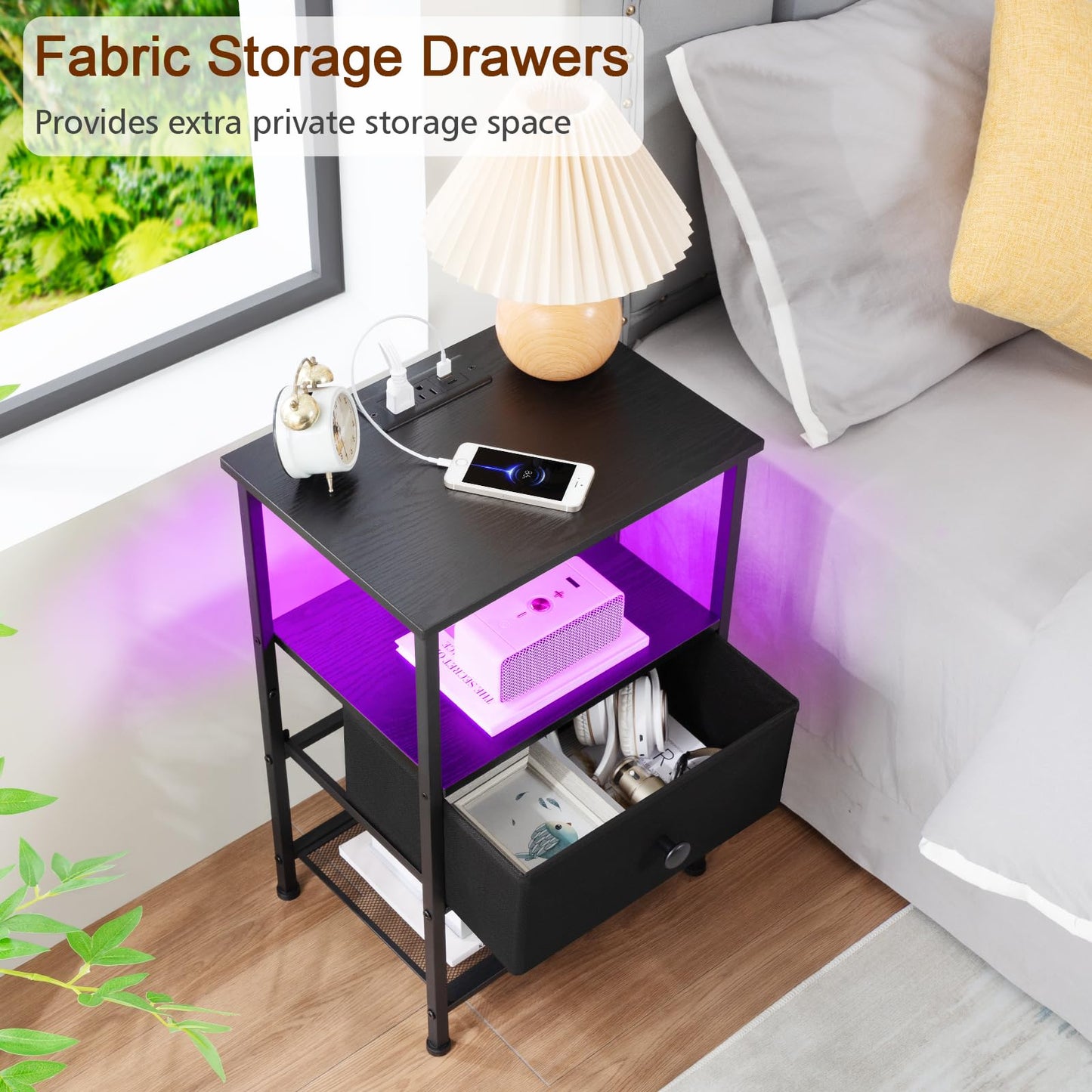 LOAKEKEL Night Stand Set 2, LED Nightstand with Charging Station, End Tables Living Room with Fabric Drawer, Small Side Tables for Bedroom, Small Space, Black, HETS01BK