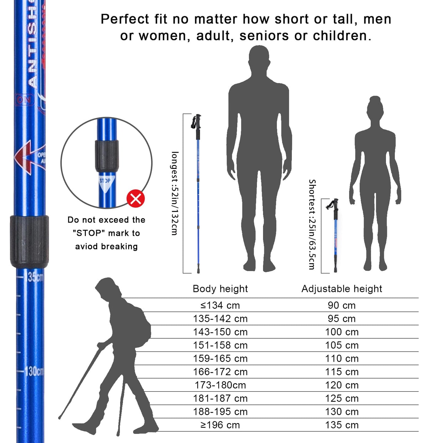 Aihoye Trekking Poles Shock Absorbing Adjustable Hiking or Walking Sticks for Hiking Collapsible Strong, 2-pc Pack Lightweight Walking Pole, All Terrain Accessories and Carry Bag (Blue)