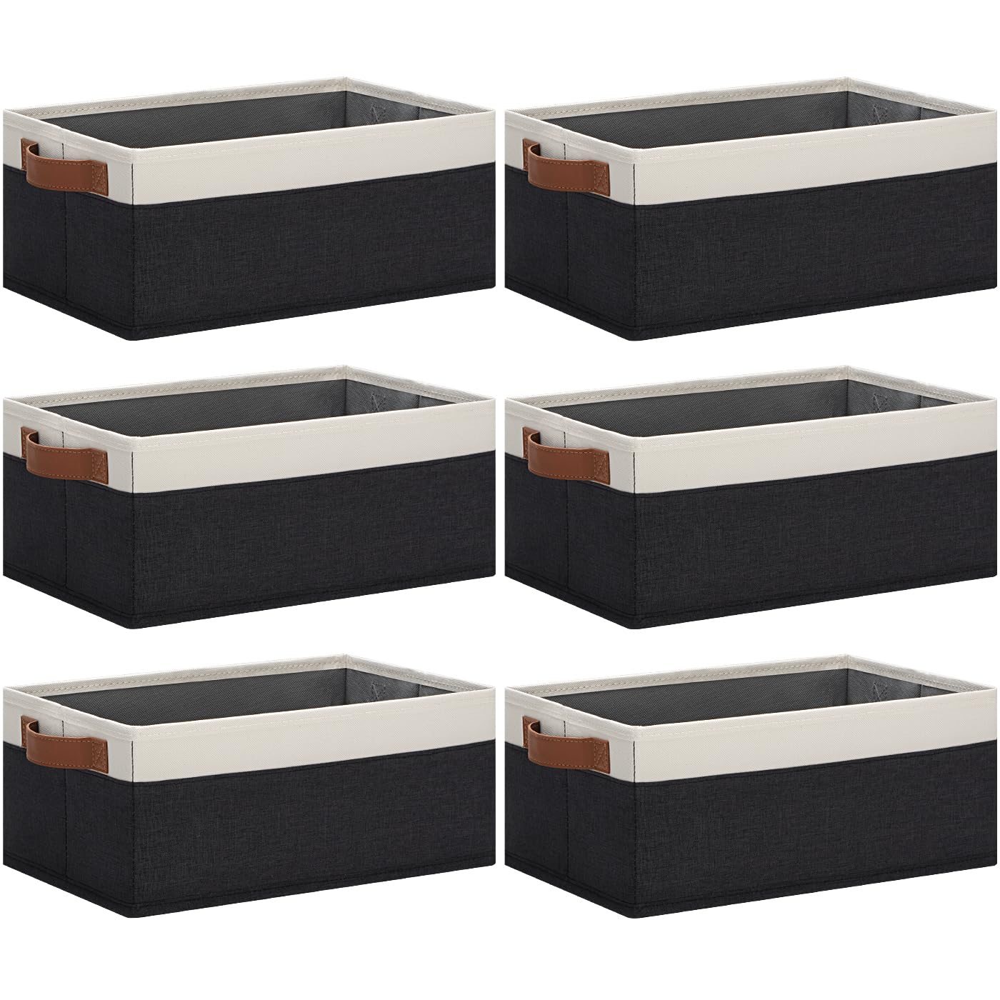 GhvyenntteS Storage Baskets for Organizing, Fabric Storage Bins with Leather H&les, Foldable Rectangular Storage Baskets for Shelves, Closets, Home, Office(Black/White, 6 Pack)11.8X7.9X5.1 in