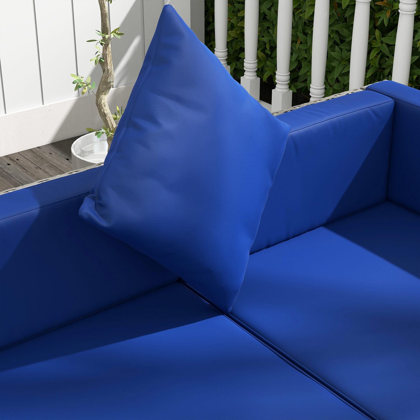 Outsunny 7-Piece Patio Furniture Set, Outdoor Wicker Conversation Set, All Weather PE Rattan Sectional Sofa Set with Cushions and Tempered Glass Top Coffee Table, Pillows, Blue