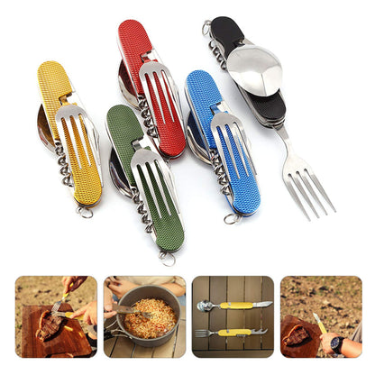 6-in-1 Multi-Function Camping Utensil Flatware Set Detachable Spoon Fork Knife Combo Mess Kit with Carrying Pouch (Black + Gold + Green)