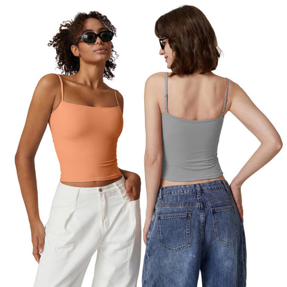 QINSEN Women Basic Spaghetti Straps Cami Shirt Summer Y2K Going Out Double Lined Sexy Tank Top Amber Yellow XS