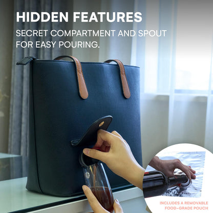 PortoVino Classic Tote Bag - Vegan Leather Wine Purse with Hidden Spout and Dispenser Flask for Wine Lovers that Holds and Pours 2 Bottles! For Traveling, Concerts, Bachelorette Party - Black