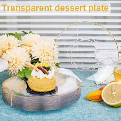 Nervure 100Pieces Clear and Gold Rim Plastic Plates - 7.5inch Disposabl Salad Dessert Plate - Clear and Gold Party Plates Ideal for Wedding & Party