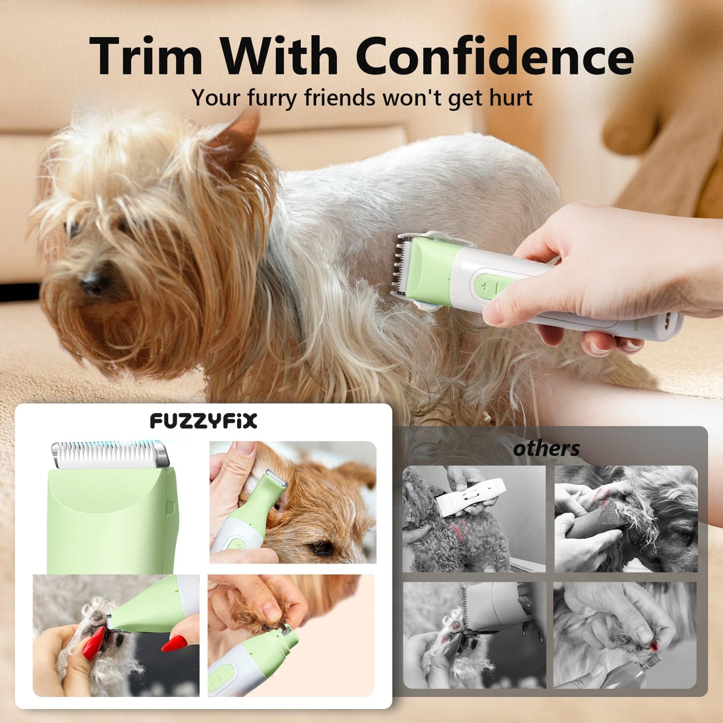 FuzzyFix Dog Grooming Kit, 4 in 1 Pet Clippers for Grooming Supplies, Cordless Dog Paw Trimmer Nail Grinder, Professional Long Hair Shaver for Matted Hair Cat Small Dogs Thick Coats