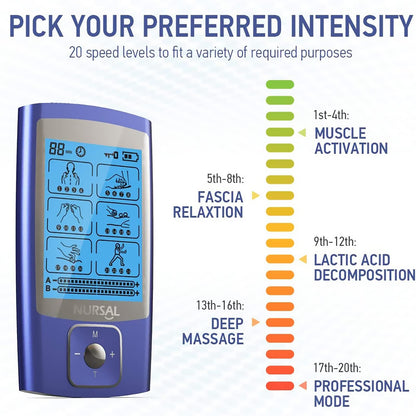 NURSAL TENS EMS Unit Muscle Stimulator for Pain Relief Therapy, Electric 24 Modes Dual Channel TENS Machine Pulse Massager with 12 Pcs Electrode Pads/Continuous Stable Mode/Memory Function