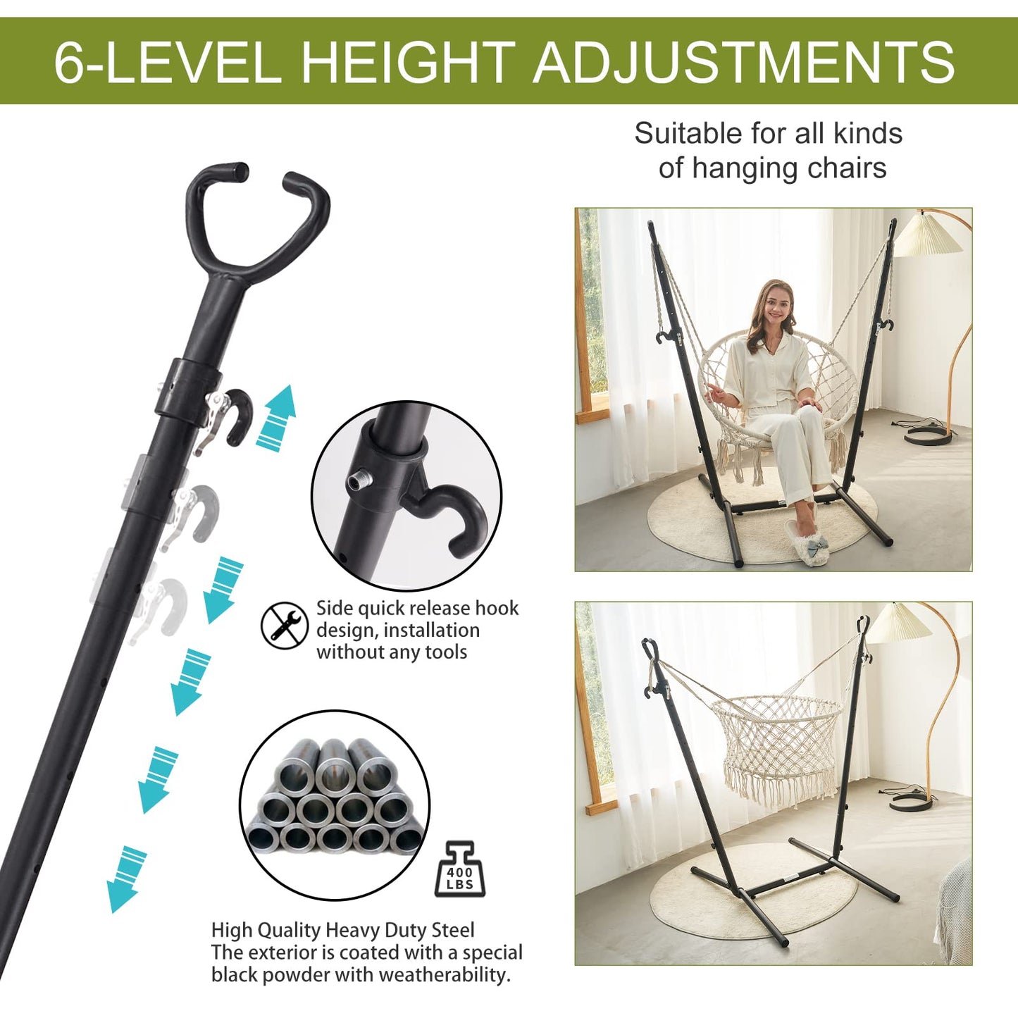 Hammock with Stand Phone Holder Included Double Hanging Chair Macrame Boho Handmade Adjustable Swing Indoor Outdoor Patio Yard Garden Porch 400lbs Capacity (2022 Grey)