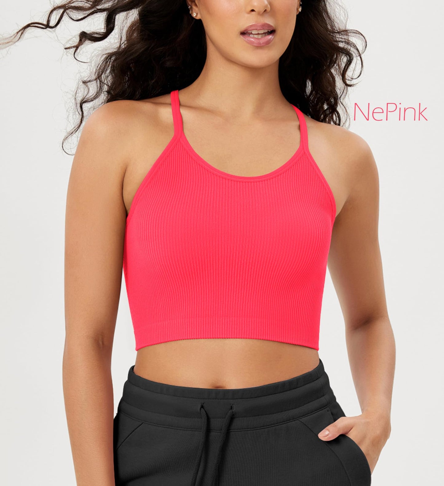 ODODOS Women's Crop 3-Pack Seamless Rib-Knit Camisole Crop Tank Tops, Neon Pink Green Orange, Medium/Large