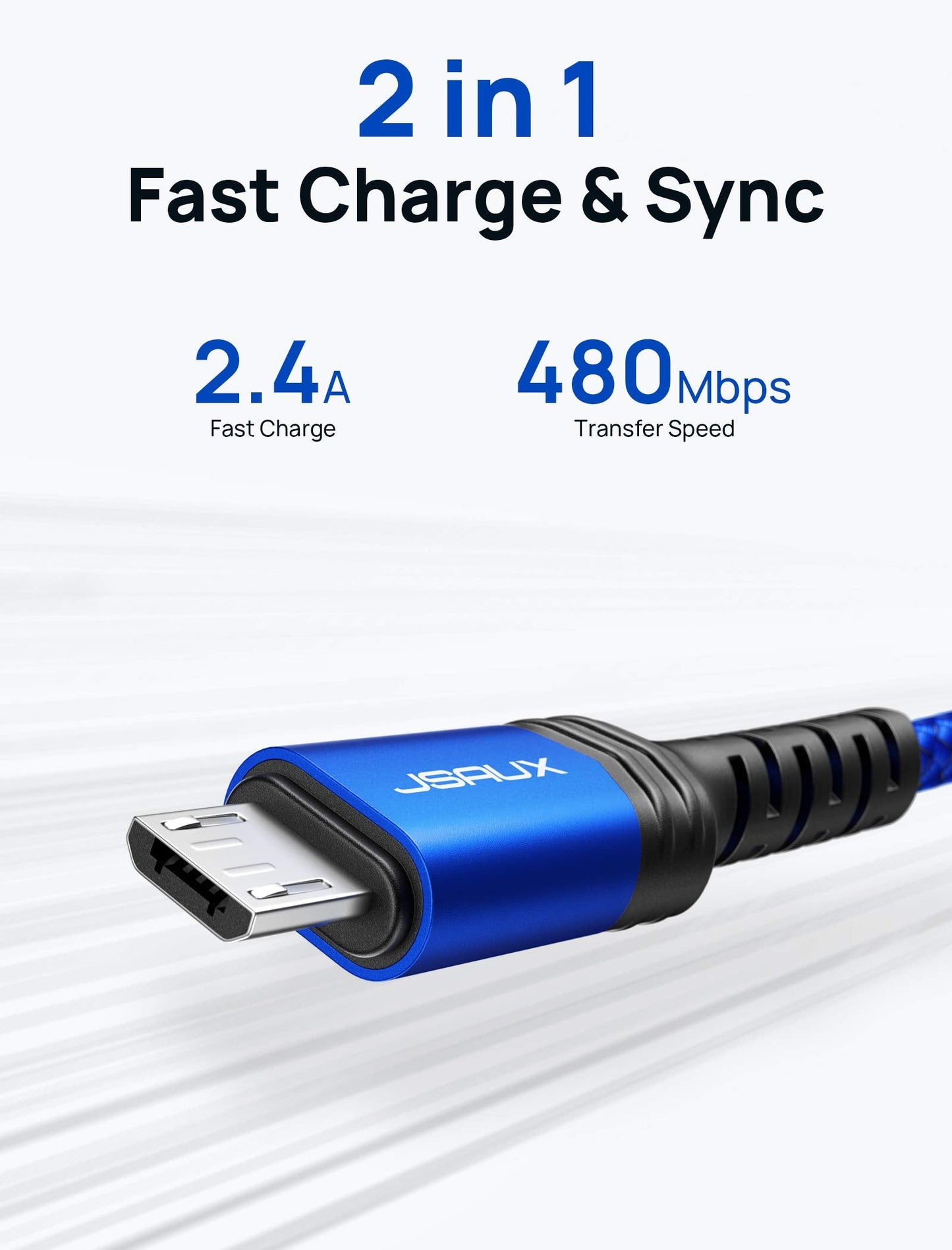 JSAUX Micro USB Cable for Android, (2-Pack 6.6FT) Kindle Charger Cord Replacement, Nylon Braided USB Micro Charging Cable Compatible with Galaxy S7 S6 J7 Edge Note 5, Kindle, MP3-Blue