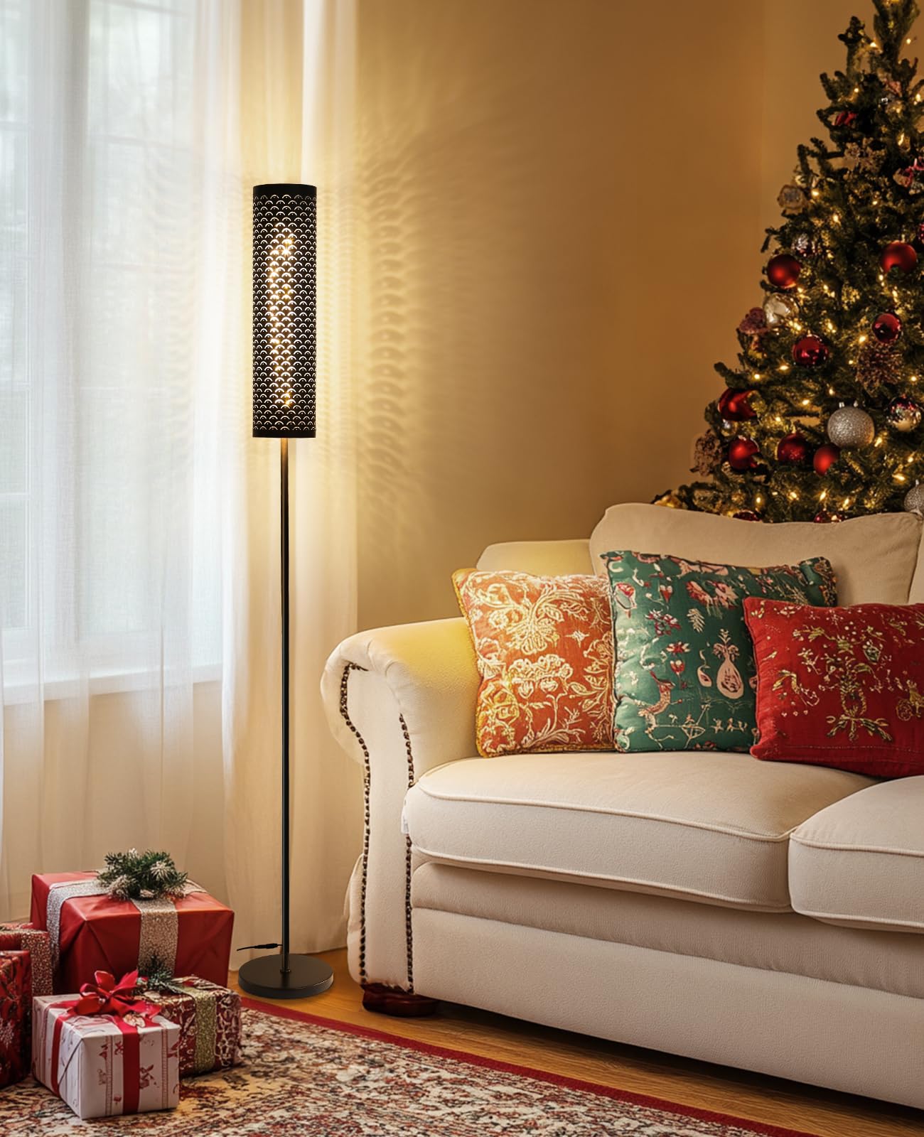 Industrial Modern Floor Lamps for Living Room, Dimmable Standing Tall Lamps Remote Control Custom Color Temperature & Brightness Lamp with Fabric Lampshade, Tall Lamps for Bedroom Office, Black