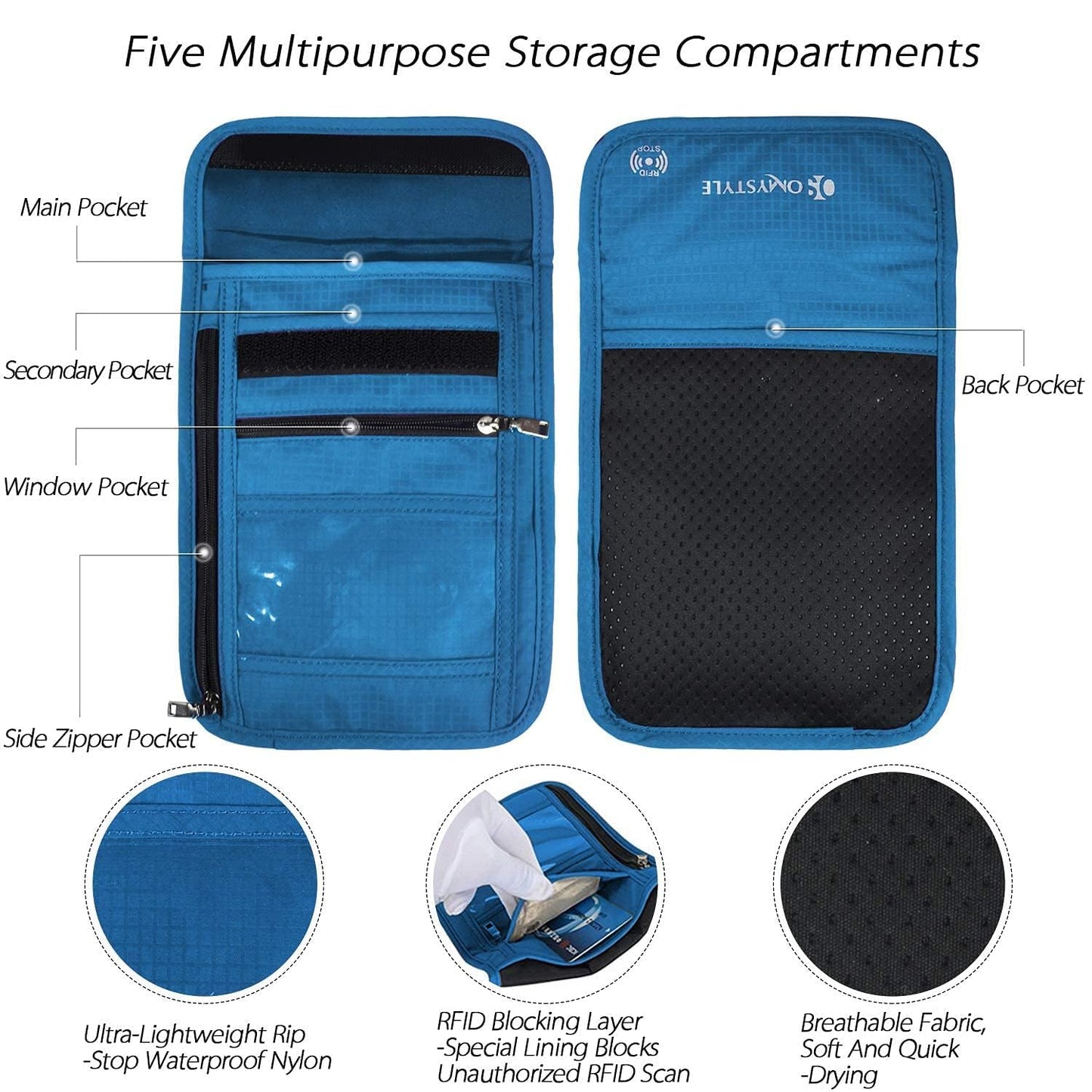 OMYSTYLE Neck Wallet, RFID Passport Holder for Travel, Adjustable Neck Strap, Waterproof Neck Pouch for Men & Women to Keep Cash, Credit Cards and Documents Safe, Blue (8x6)