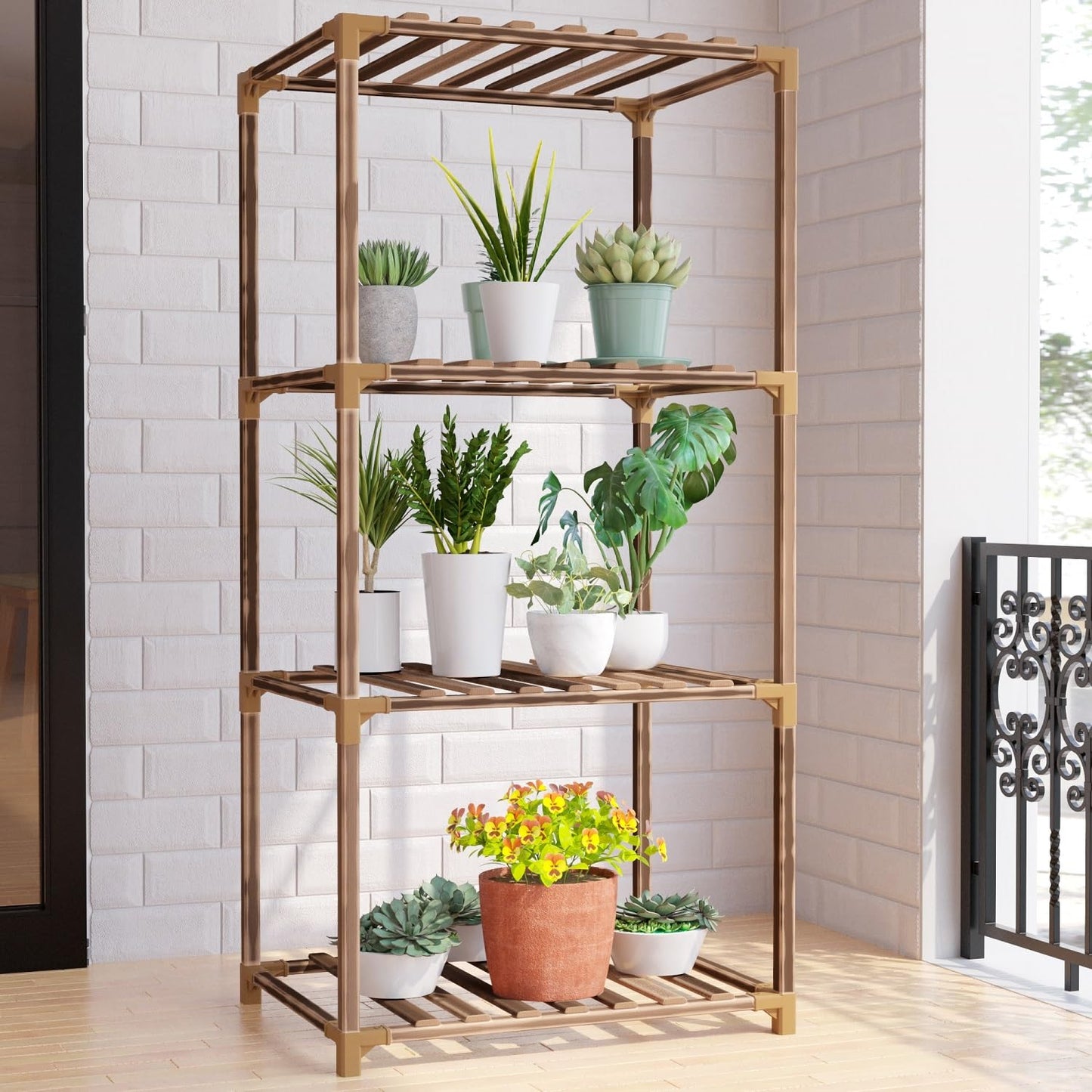 New England 4-Tier Wooden Plant Stand for Indoor/Outdoor Use, Perfect for Living Room, Patio, or Balcony - Supports Multiple Plants, Ideal Gift for Plant Lovers