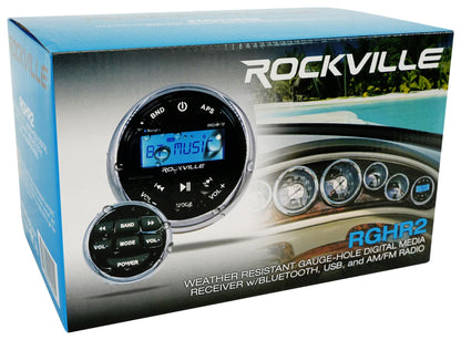 Rockville RGHR2 Marine Gauge Hole Receiver, Bluetooth/USB/AM/FM, TDA7851L Amp, 288W Peak (72W x 4), IP66 Waterproof, Wired Remote, for Boats/ATVs/UTVs