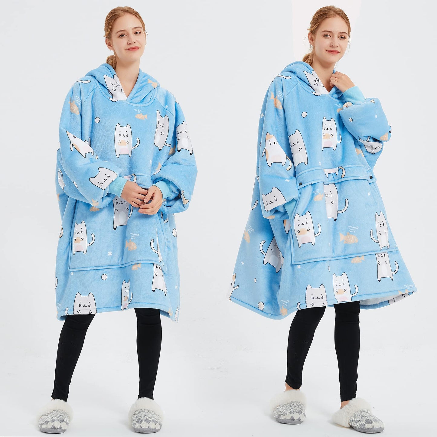 KFUBUO Wearable Blanket Hoodie for Adults Sherpa All Patterns Blue Cat Oversized Sweatshirt Blanket with Pockets Cute Gifts for Women