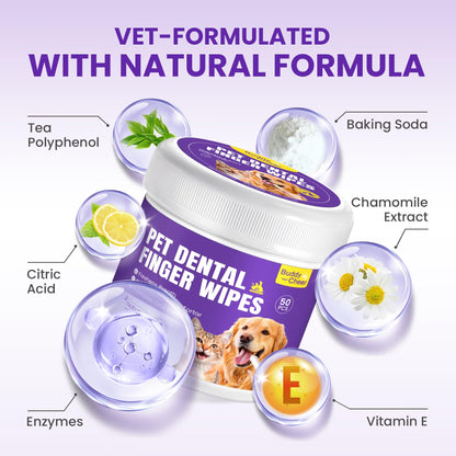 No-Rinse Dog Dental Care Wipes, Cat & Dog tooth brushing kit, Dog Wipes for Pet & Cat Teeth Cleaning, Dog toothbrush Finger Dental Wipes to Remove Plaque & Tartar, Disposable Dog Wipes - 50 Count