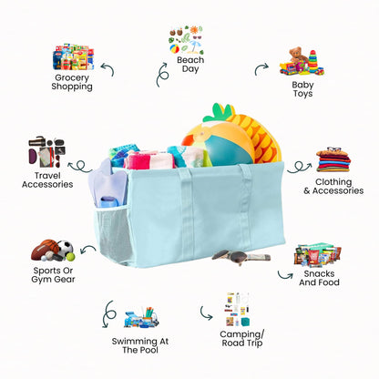 Lucazzi Extra Large Utility Tote Bag - Oversized Collapsible Reusable Wire Frame Rectangular Canvas Basket With Two Exterior Pockets For Beach, Pool, Laundry, Car Trunk, Storage - Light Blue