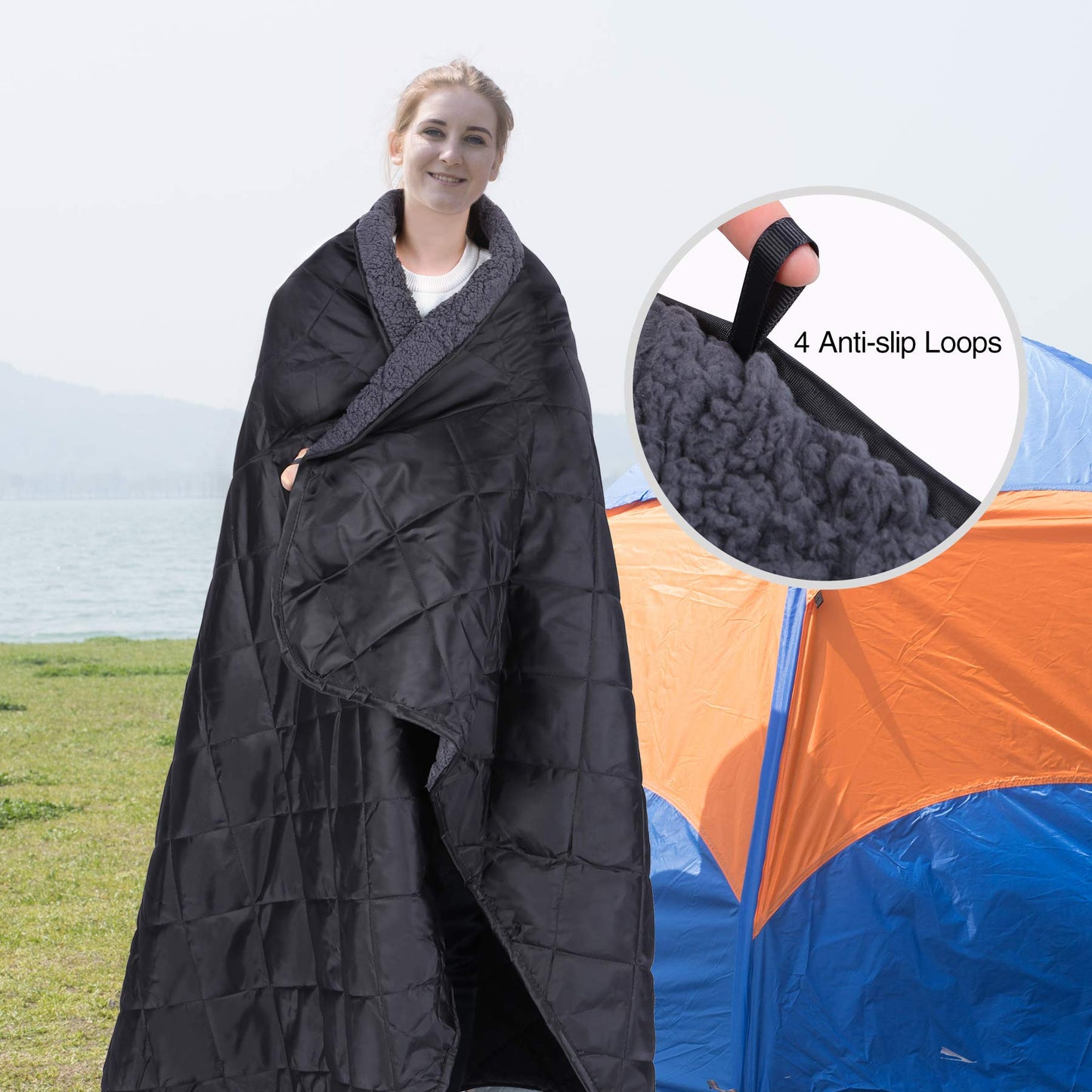 REDCAMP Large Warm Blanket with Sherpa Lining, Cold Weather Outdoor Blanket Windproof for Camping Stadium, Machine Washable 79"x 79"